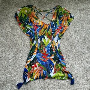 Kona Sol Multi Leaf Beach Cover Up Tunic Dress Size Small